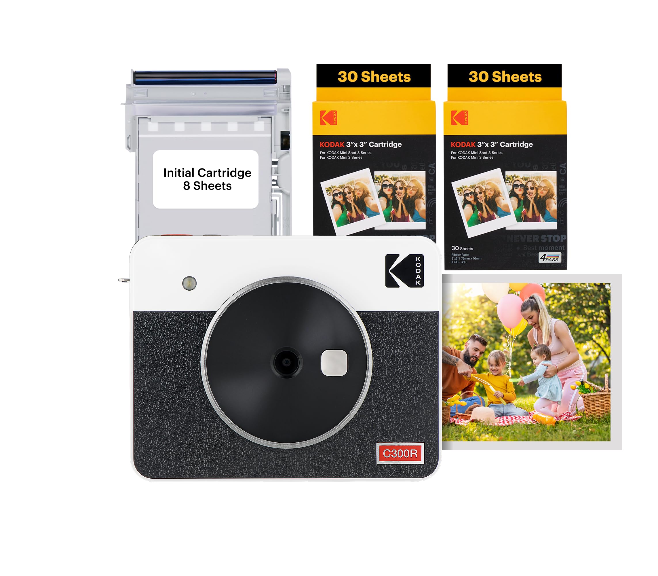 Photo 1 of KODAK Mini Shot 3 Retro 4PASS 2-in-1 Instant Digital Camera and Photo Printer (3x3 inches) + 60 Sheets Cartridge Bundle, White