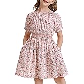 tiny sugar Girls Floral Smocked Waist Dress Church Holiday Playwear Soft Midi Dress with Pockets