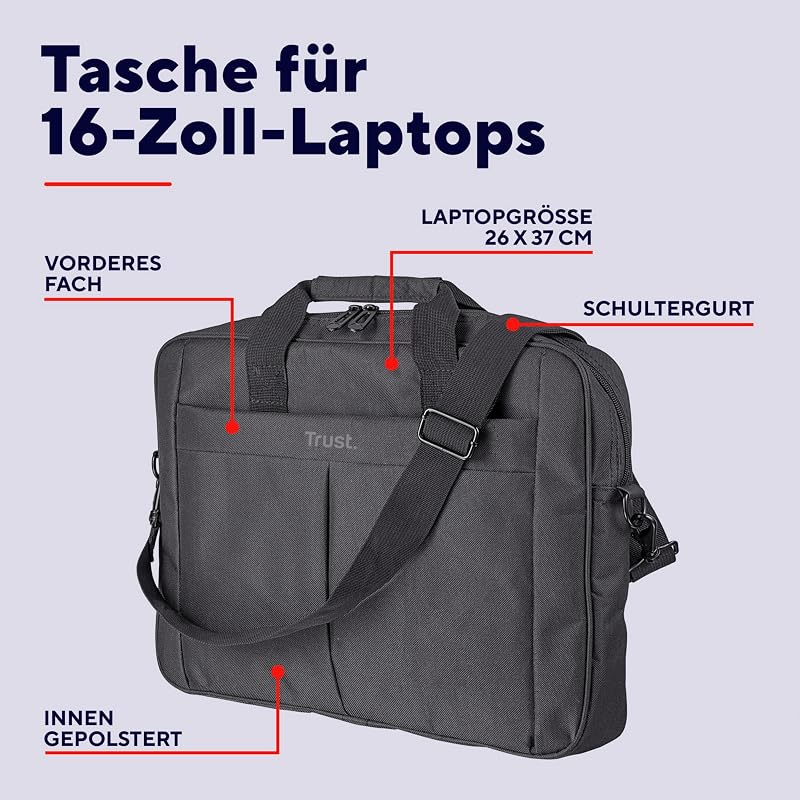 Primo Laptoptasche 16 Zoll, Tasche mit Schultergurt, Schwarz