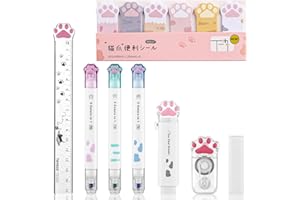 Kogcmeetl 8 Pcs Cute Cat Paw Stationery Set Kawaii School Office Supplies Including Eraser Correction Tape Highlighters Sticky Notes Ruler for Cat Lovers Students (White)