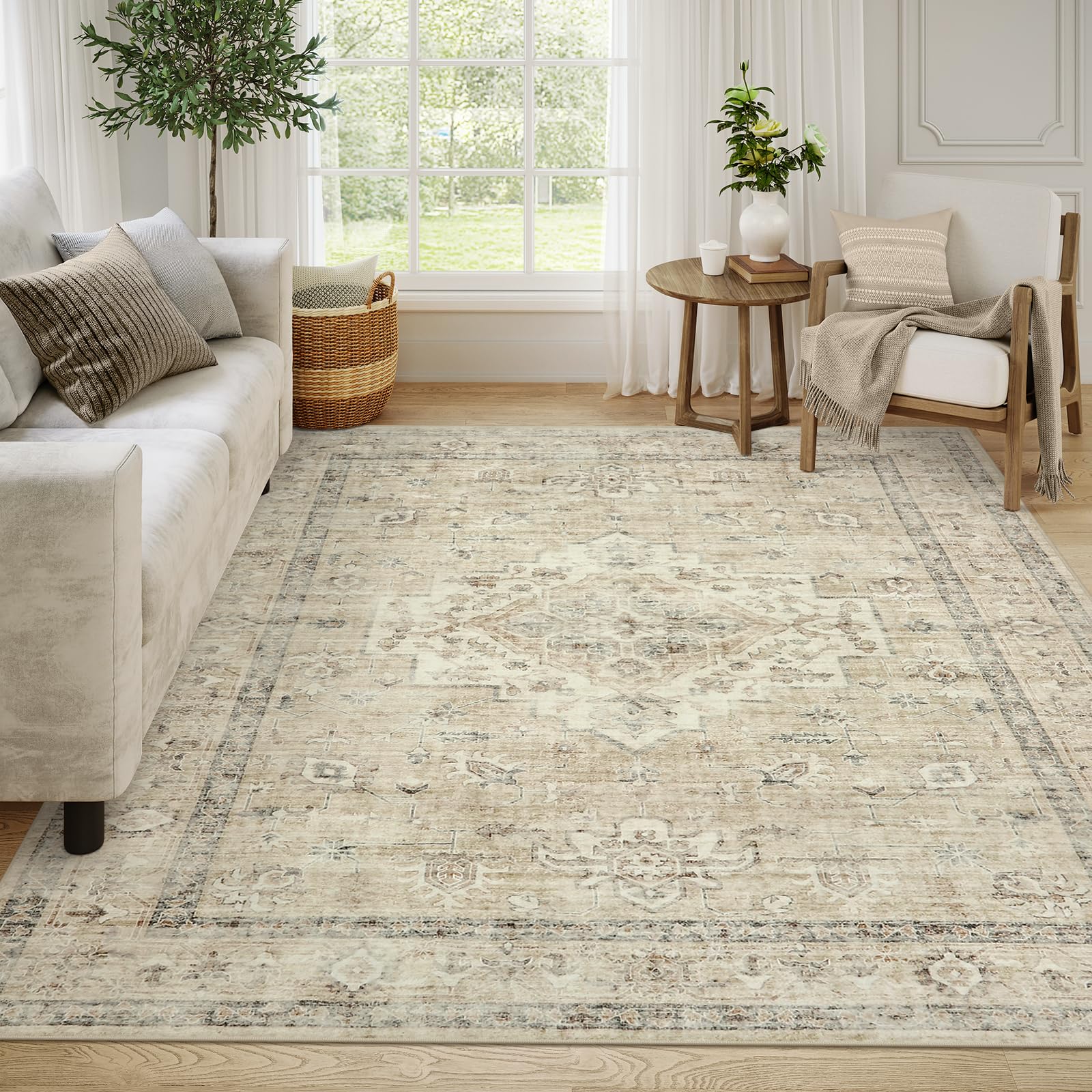 LIVEBOX Washable Area Rug 9x12 Rugs for Living Room Bedroom, Non-Slip Boho Neutral Carpet for Dining Room Office, Low-Pile Farmhouse Soft Carpets for Kids Nursery Room Playroom, Tan Image LIVEBOX Washable Area Rug 9x12 Rugs for Living Room Bedroom, Non-Slip Boho Neutral Carpet for Dining Room Office, Low-Pile Farmhouse Soft Carpets for Kids Nursery Room Playroom, Tan Image