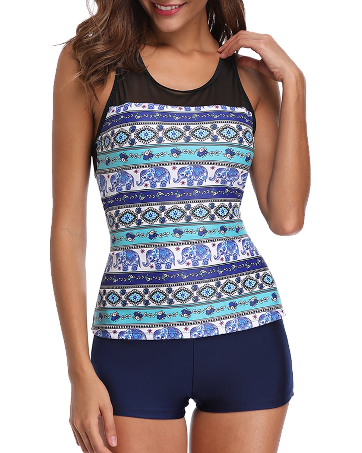 Yonique Racerback Tankini Set Mandala Printed Top with Boyshort Two Piece Swimsuits for Women