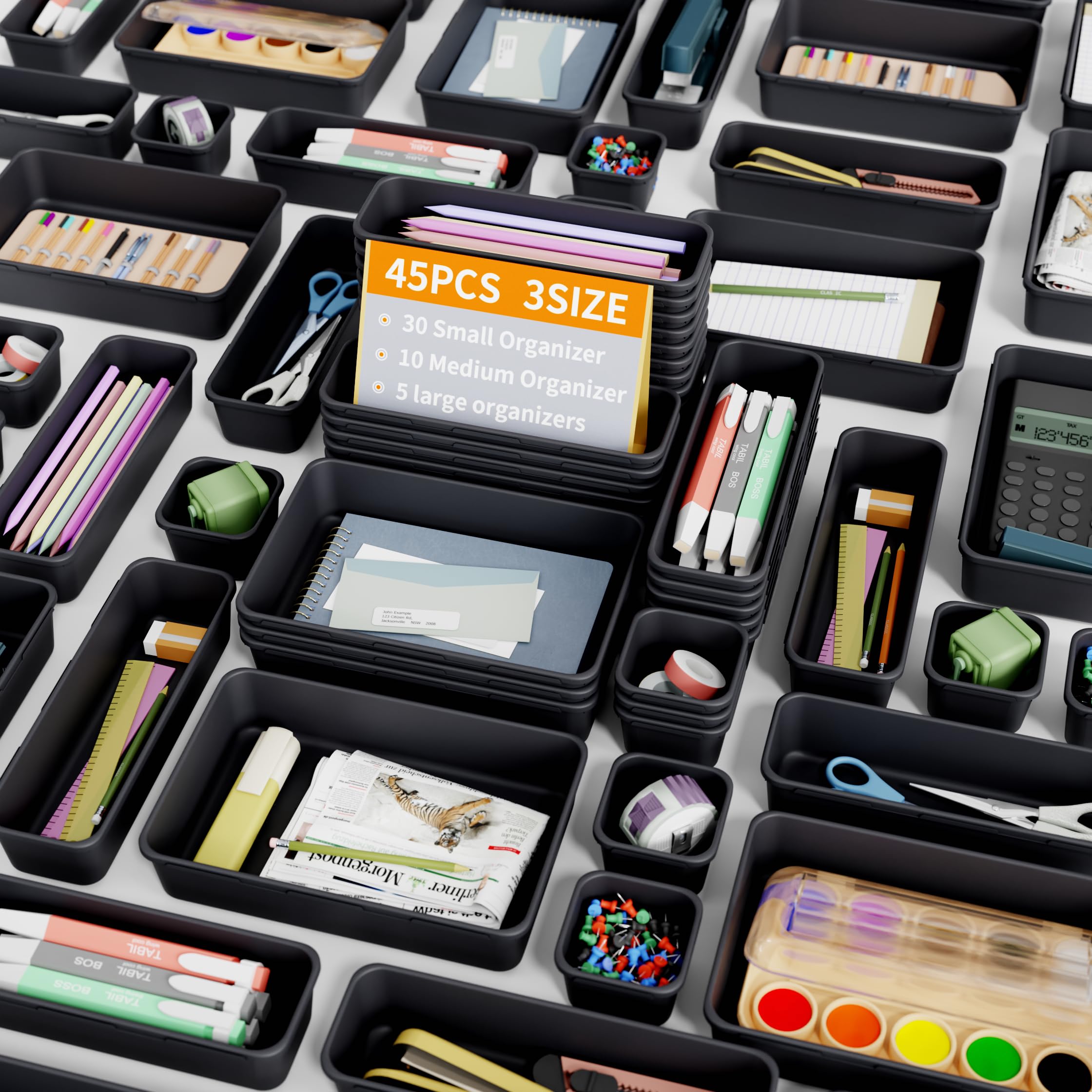 Giklux 45 PCS Makeup Drawer Organiser Trays, 3 Sizes Desk Drawer Dividers Organisers for Cutlery, Kitchen, Bathroom, Office, Cosmetics, Vanity, Dressing Table, Tool Box, Plastic Junk Draw Organiser