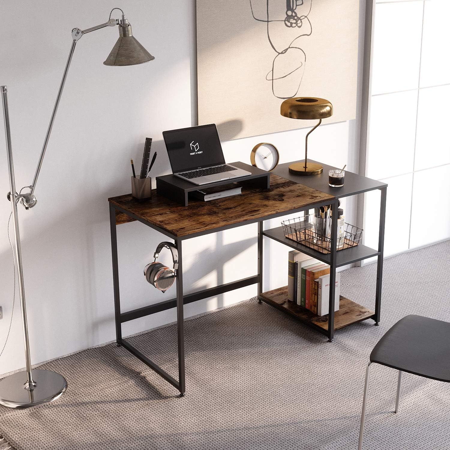 Nost & Host Computer Desk with Storage Shelves and Free Large Monitor Stand, Sturdy Wooden Modern Industrial Home Office PC Laptop Study Writing Table Workstation, 47.2 inches, Rustic Brown and Black: Kitchen & Dining