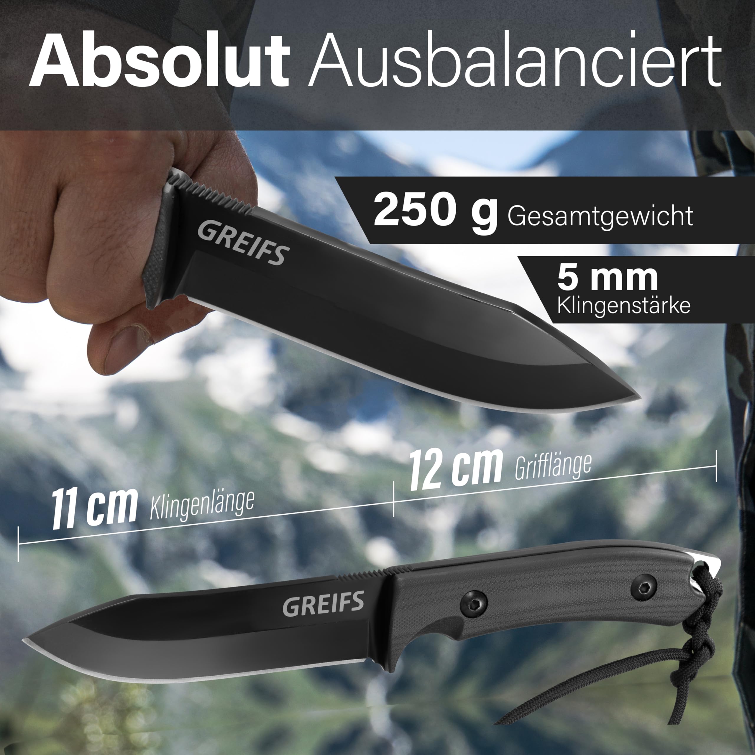 GREIFS® Outdoor-Messer aus D2 Stahl mit Kydex Holster und Feuerstahl, edles Survival Messer für die Bushcraft Ausrüstung, Jagdmesser, Schnitzmesser, Fahrtenmesser (Milan/Schwarz) 4