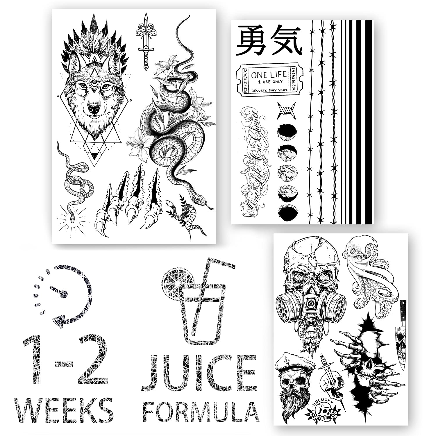 AWAKEN Tattos Semi-permanent Stickers Temporary Juice Tattoo Pack 3 sheets Design Wolf Snake Animal (SET 3)