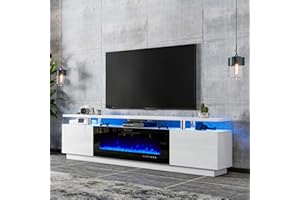 LUXOAK 80" Fireplace TV Stand, Modern High Gloss Finish Media Console with 40" Electric Fireplace, Open Storage Entertainment Center for TVs Up to 90" with LED Lights, White