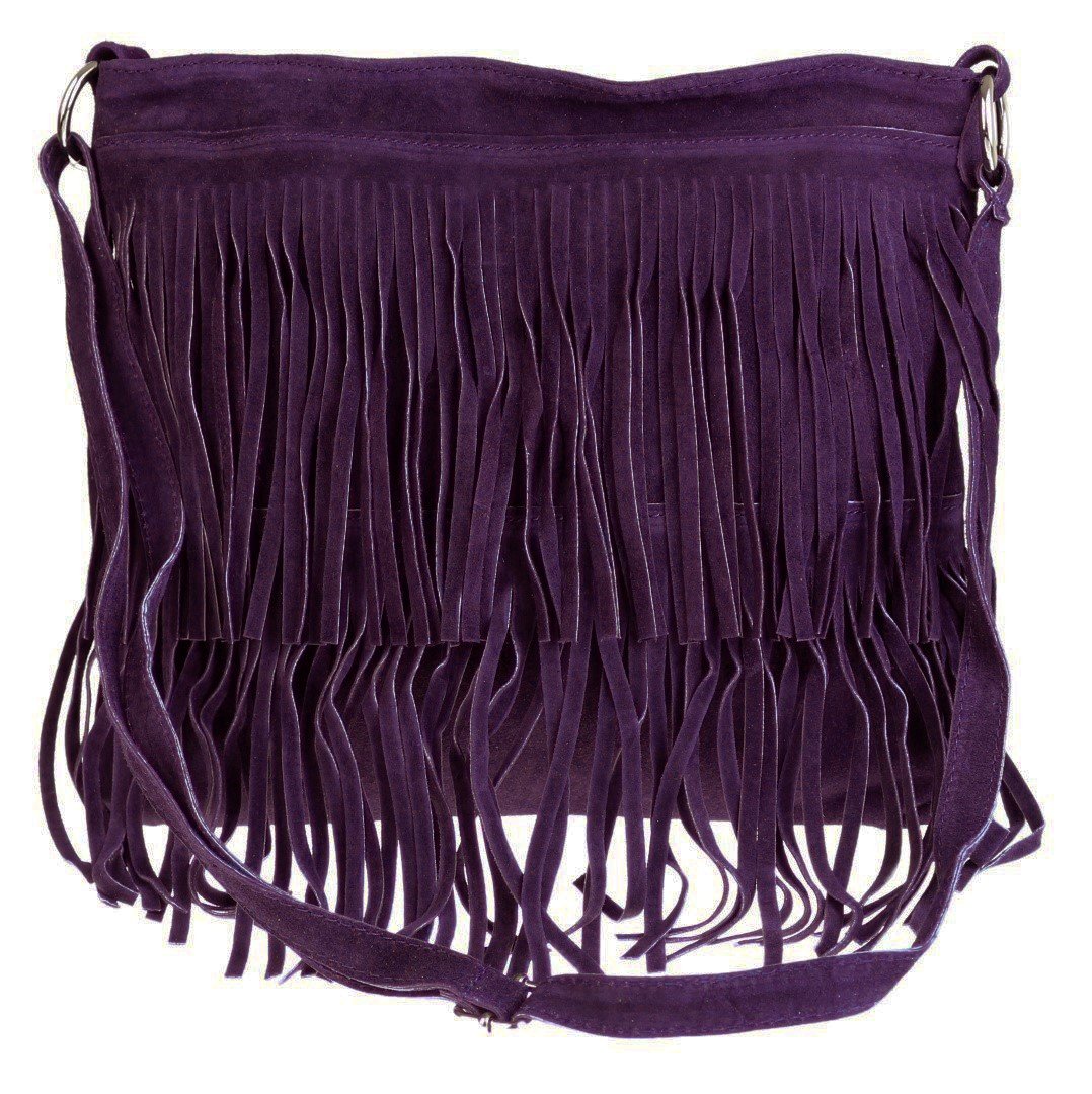 Girly Handbags Womens Large Genuine Suede Fringe Shoulder Bag Crossbody - Dark Purple