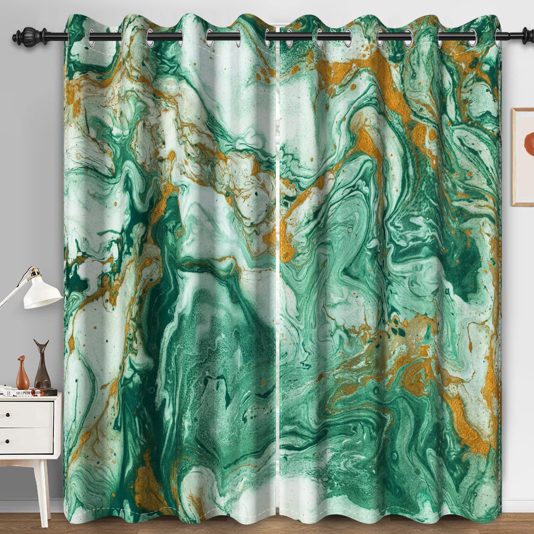 Bovlleetd Green Marble Window Curtains for Dormitory Chic Water Liquid Green Gold Glitter Marble Texured Blackout Curtain for Bedroom 46x54inch (Width x Length) Set 2 Panels