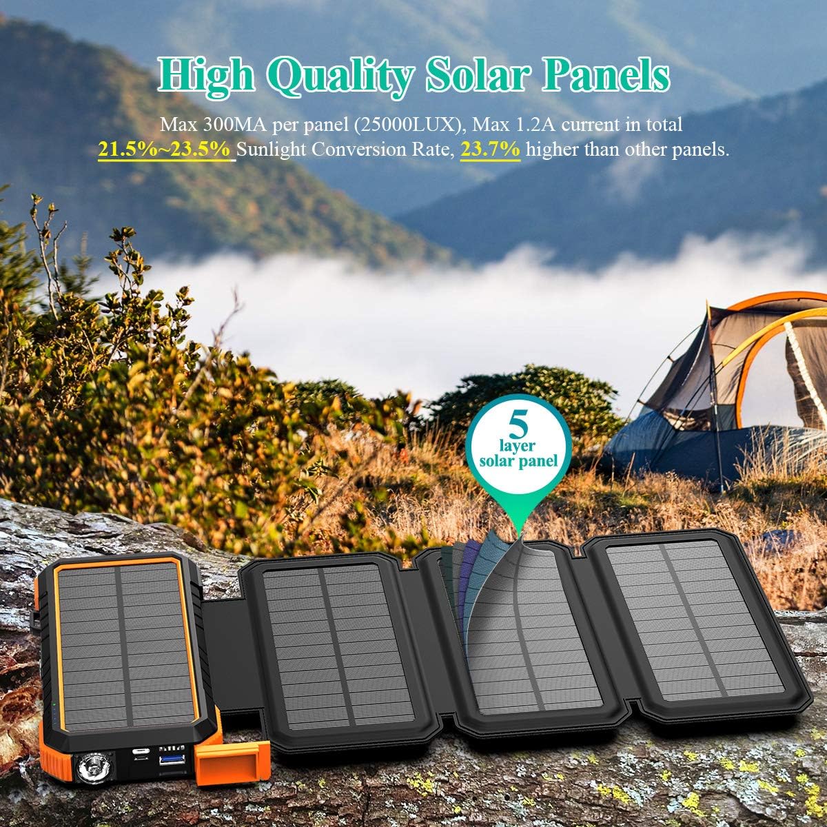 BLAVOR Solar Charger with Foldable Panels, Outdoor Power Bank 18W Fast Charging, 20,000mAh Solar Powered Charger with Camping Light/Flashlight/Compass Type C USB Charger 3 Outputs/Dual Inputs(Orange): Home Audio & Theater
