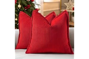 decorUhome Christmas Corduroy Red Throw Pillow Covers 18x18 Set of 2 Decorative Soft Boho Farmhouse Euro Couch Pillow Covers for Living Room Bed Sofa Broadside Striped Pillow Cases