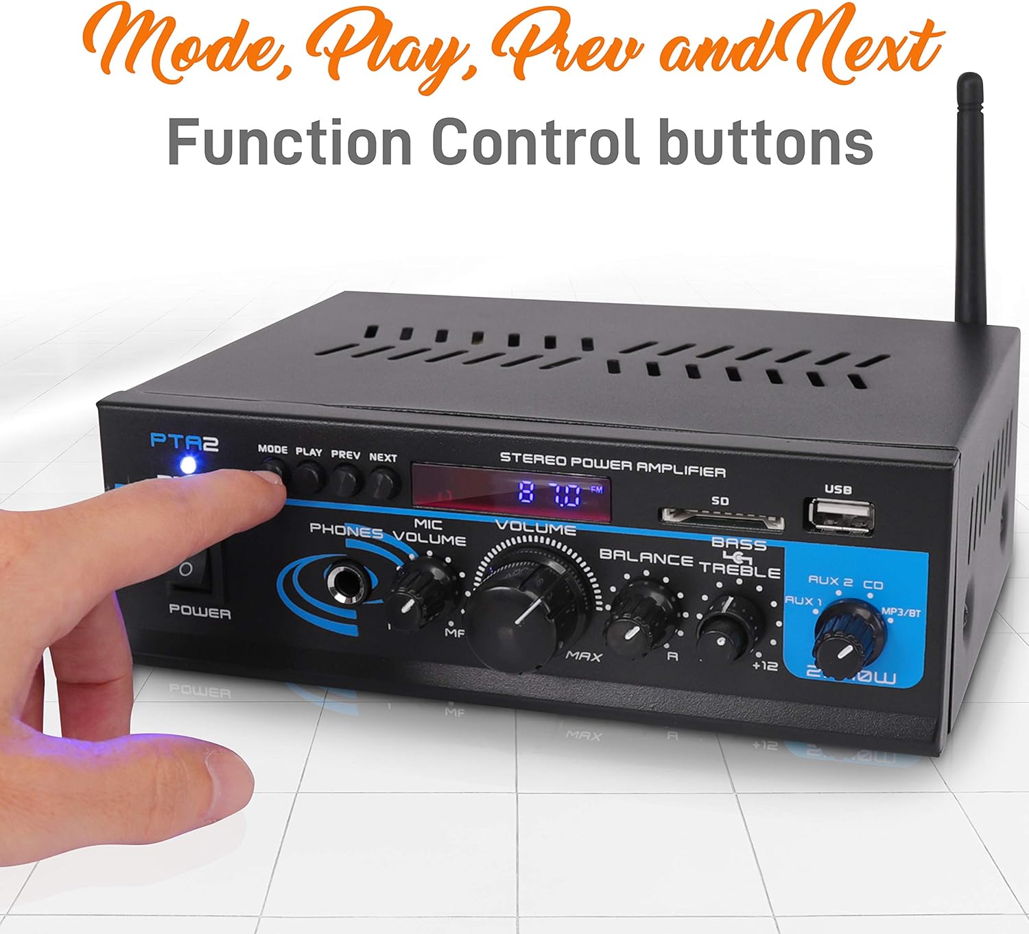 Bluetooth Mini Blue Series Home Audio Amplifier - Compact Desktop Home Theater Stereo Amplifier Receiver with USB Charge Port | Pager & Mixer Karaoke Modes | Mic Input (40 Watt x 2) | Pyle PTA22BT, 2X2X2: Home Audio & Theater