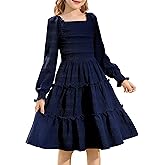 HOZIY Girls Long Sleeve Dress Ruched Smocked Tiered Ruffle A-Line Casual Boho Teen Dresses with Pocket Size 6-16 Years