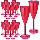 Teecyhooo 24 Pcs Valentine's Day Heart Plastic Champagne Flutes, 6 oz Glitter Red Heart Flute Romantic Acrylic Stemmed Glasses for Valentine's Day Weddings Anniversary Party Supplies Decor