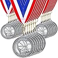 Remuuly 30 Pcs Silver Medals Bulk 2'' Basketball Soccer Volleyball Hockey Medals for Awards Metal Trophy with Neck Ribbons for Sports Participation Winner Tournaments Gift