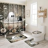 VISSTREE Halloween Shower Curtain Sets, Vintage Ghost Reading Bath Curtain | 4 Pcs, 12 Hooks, Bath Rug Toilet Lid Cover and U Shape Mat, Halloween Party Cute Spooky Theme Bathroom Decorations