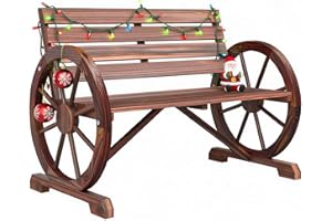 Outsunny 41" Wooden Wagon Wheel Bench, Rustic Outdoor Patio Weather Resistance Furniture, 2-Person Slatted Seat Bench with Backrest, Carbonized