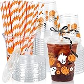 Whaline 50Pcs 12Oz Halloween Plastic Cups with Lids & Straws Pumpkin Ghost Disposable Clear Drinking Cups with Black Ribbon for Birthday Party Supplies