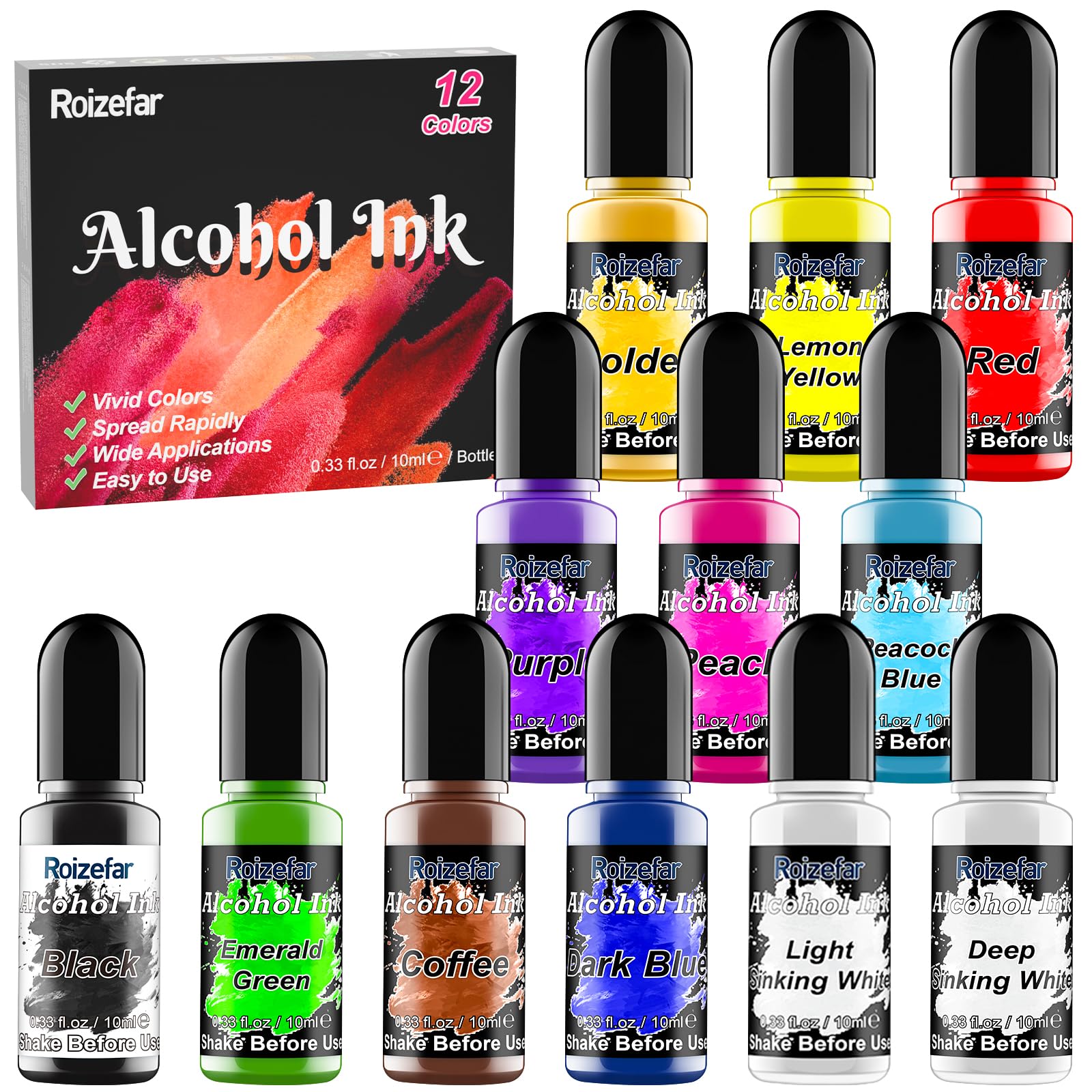 Roizefar Alcohol Ink - 12 Vivid Colours, High Concentration Alcohol Inks Set, Fast Drying Effect, Alcohols Ink for Epoxy Resin, Art Painting, Glass, 10ml Each