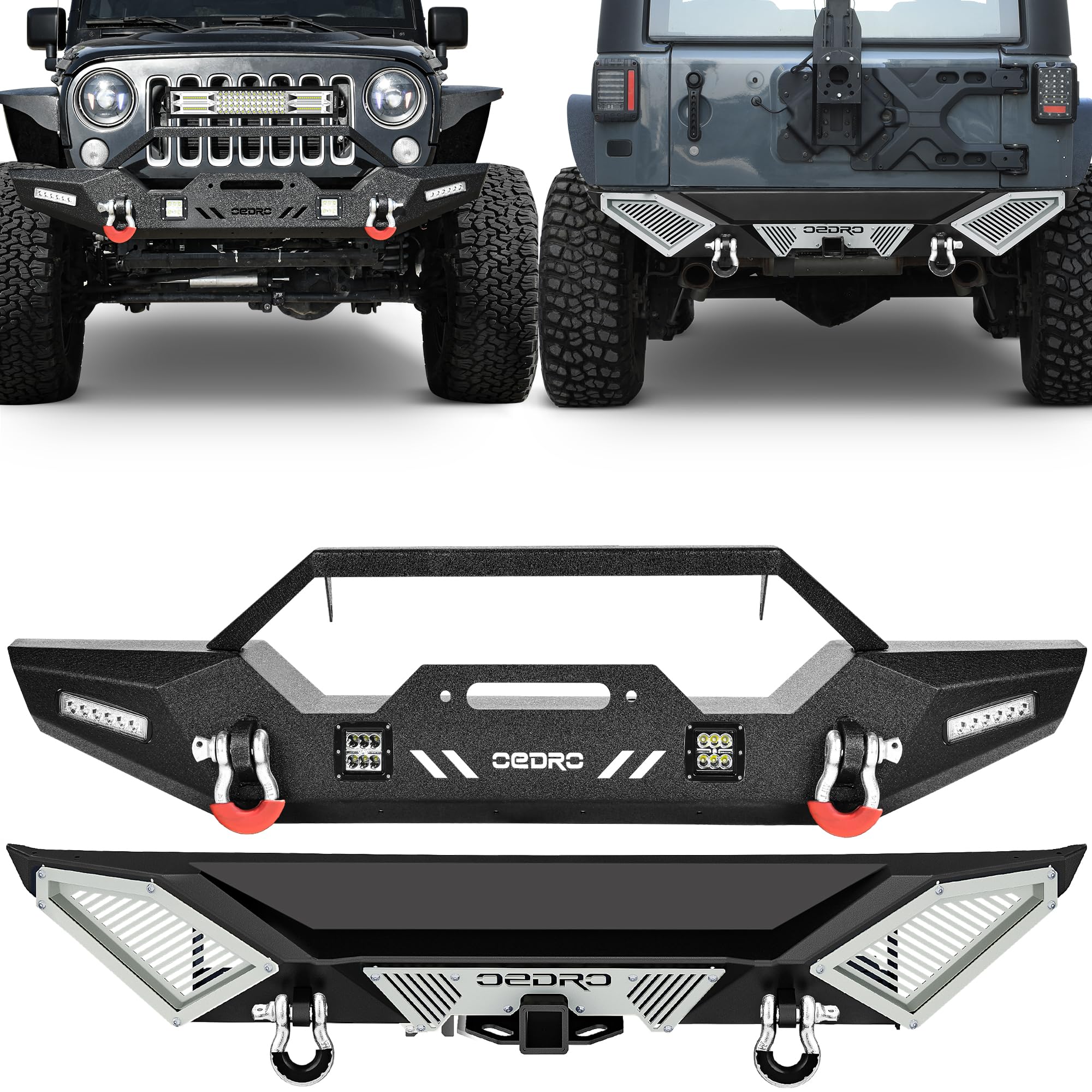 Photo 1 of **BOX 2/2 missing**OEDRO Front and Rear Bumpers, Compatible for 2007-2018 Jeep Wrangler JK & Unlimited, Rock Crawler Bumper with Winch Plate Mounting & 4 x LED Lights & 2 x D-Rings & Paintable ArmorOff Road