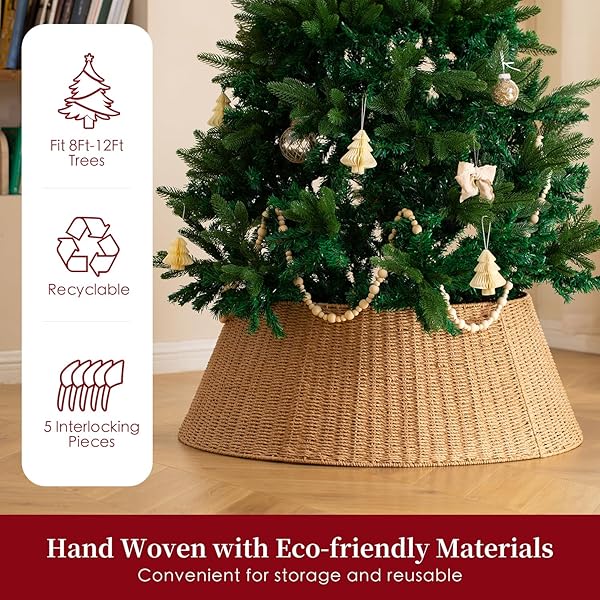 36IN EXTRA LARGE CHRISTMAS TREE COLLAR – WICKER WOVEN TREE COLLARS FOR ARTIFICIAL TREES – LARGE RATTAN RUSTIC FARMHOUSE BASKET FOR TREE BASE COVER WITH CORD CUT-OUT FOR 7.5FT 9FT 12FT TREE(NATURAL)