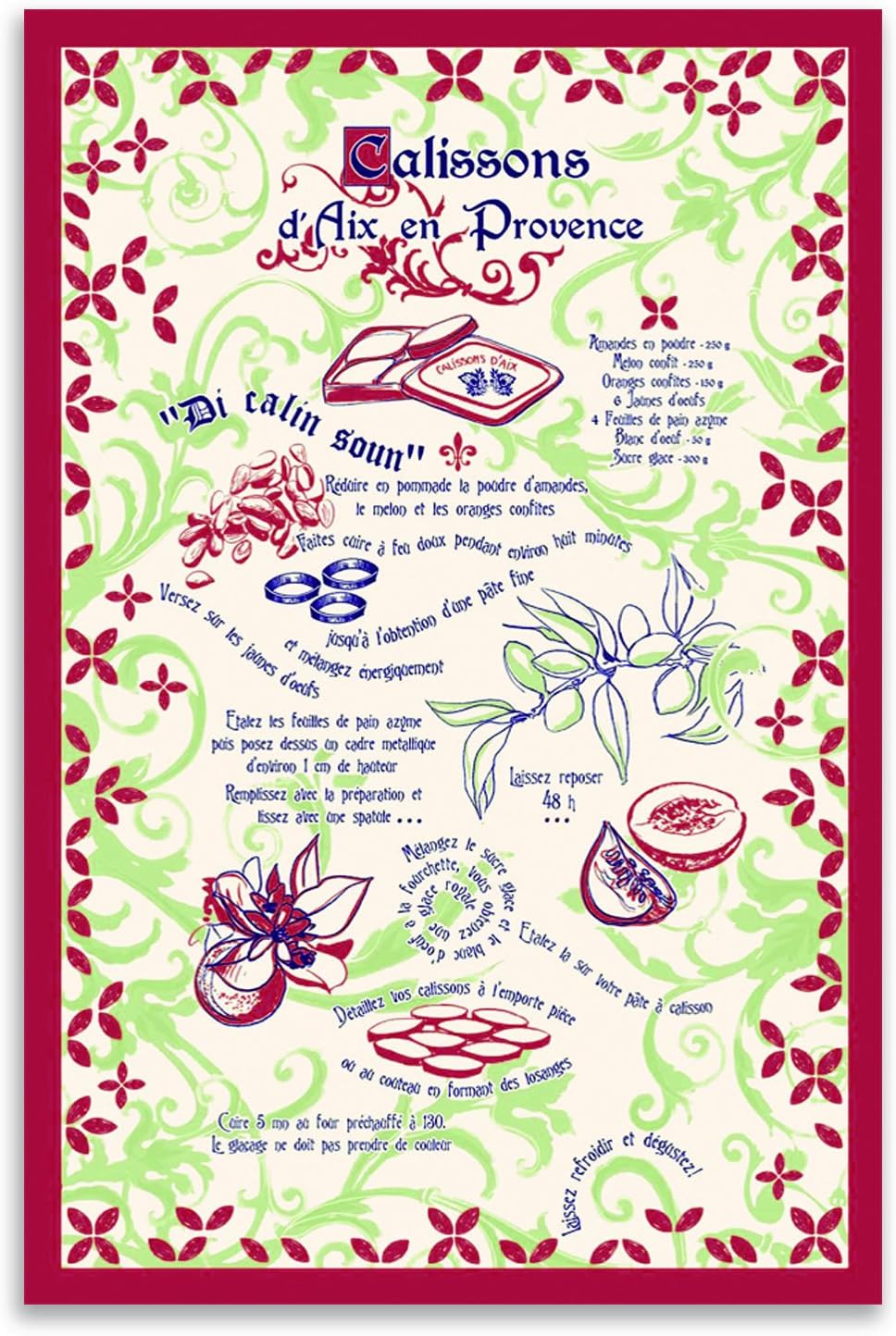 Torchons & Bouchons, Les Calissons d'Aix (Aix Calisson Candy Recipe) Printed Kitchen Tea Towel, 100% Cotton