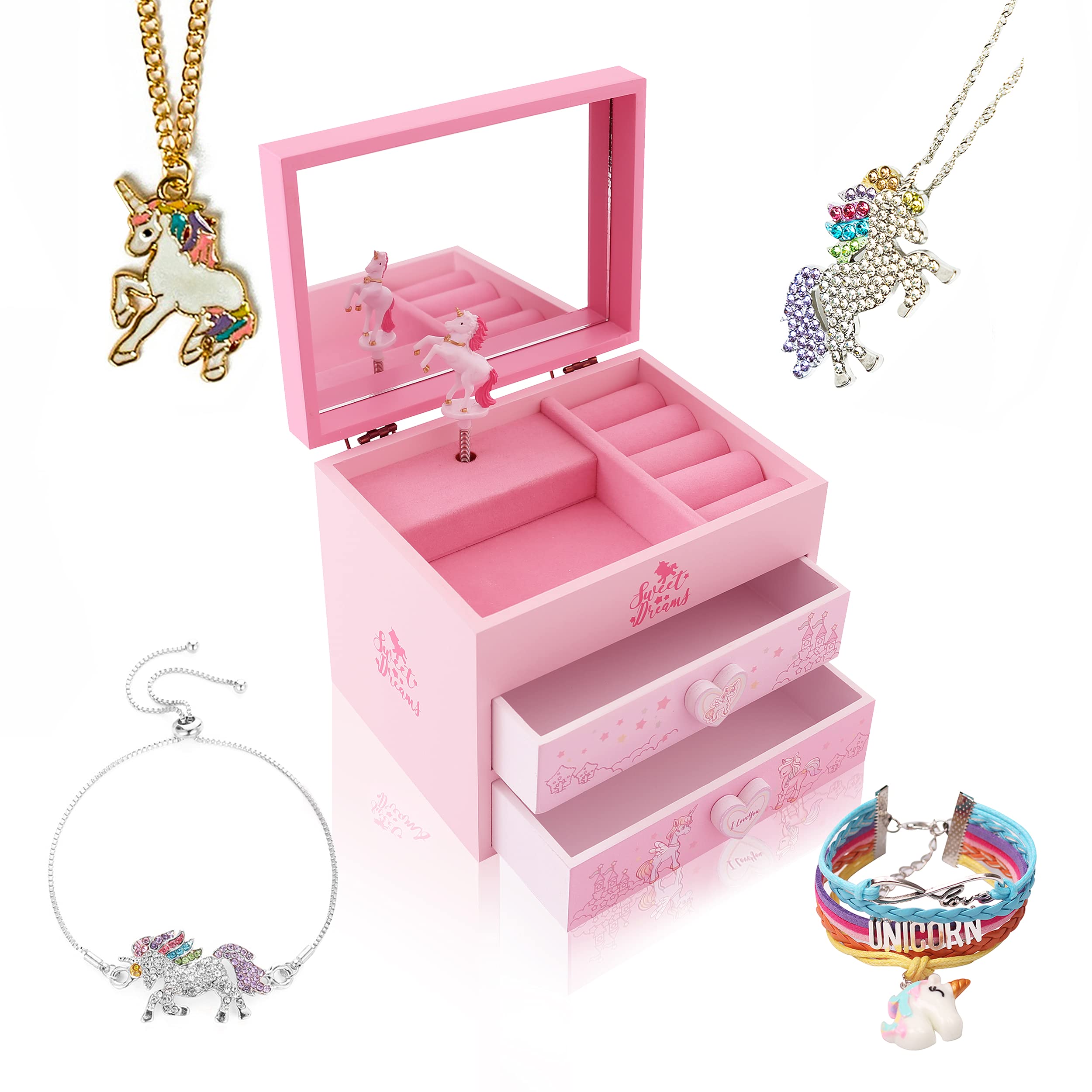 ZOOWING Girl's Wooden Unicorn Musical Jewellery Storage Box with Unicorn Necklace and Bracelet (Unicorn4)