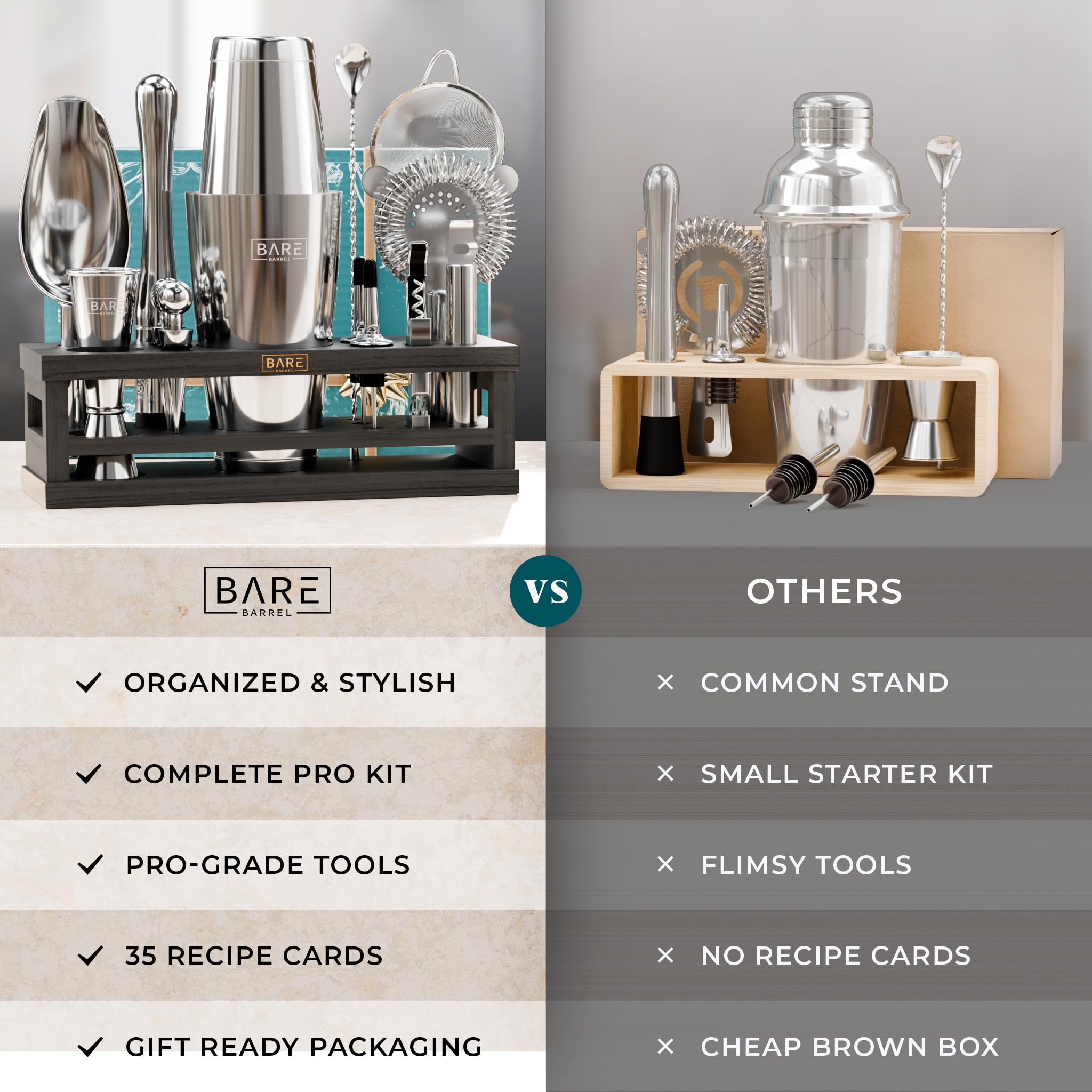 BARE BARREL® Mixology Bartender Kit Bar Set | 16-Piece Cocktail Shaker Set | Martini Barware Mixing Tools for Home Bartending | Incl. 35 Recipe Cards | Gift Set (28oz Boston Shaker, Silver/Black) - Image 6