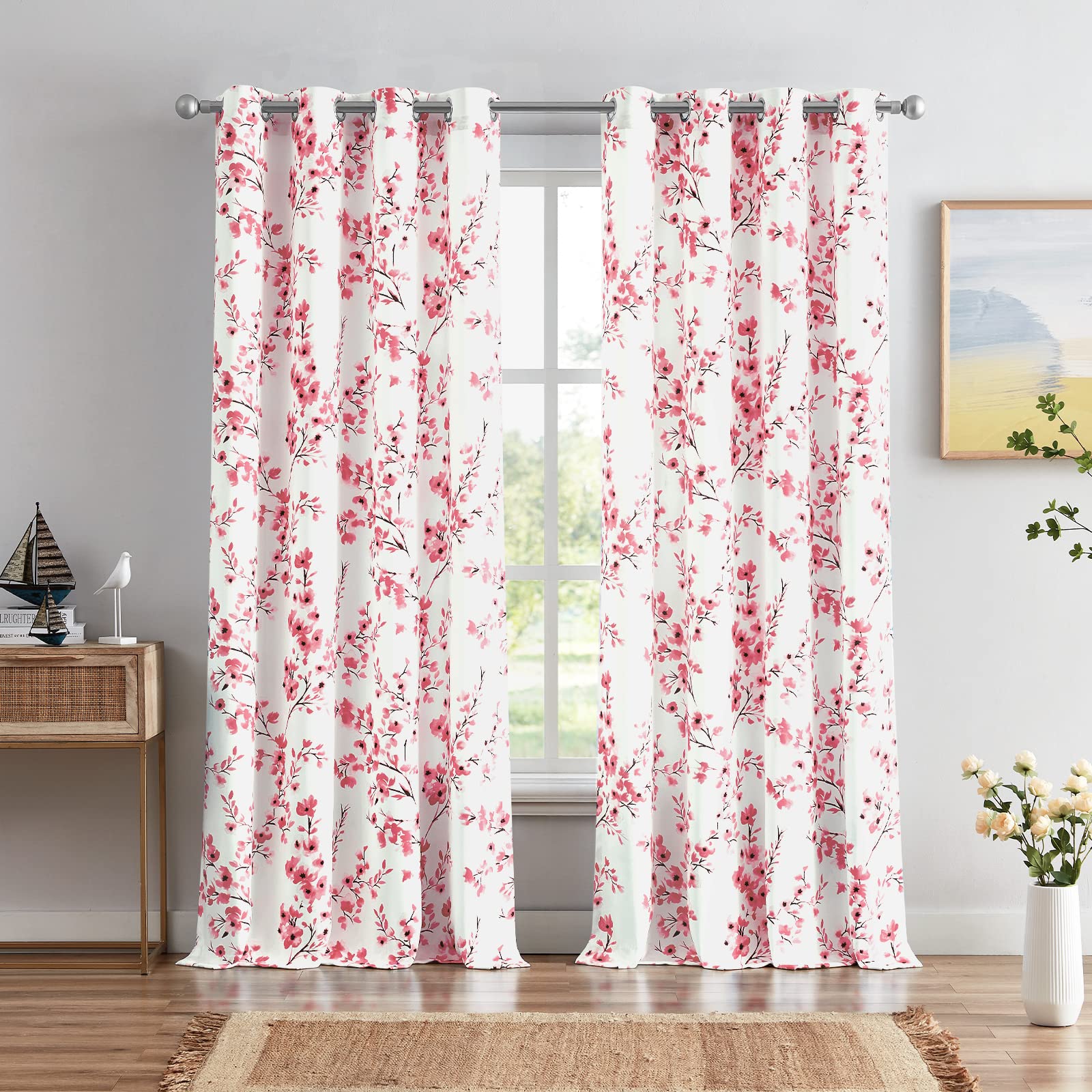 Melodieux Floral Curtains 63 Inch Length for Living Room, Farmhouse Pink Apricot Flower Print White Decorative Grommet Drapes, 52x63 Inch, 2 Panels Image