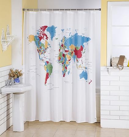 Lushomes Polyester Blend Digital World Map Design Shower Curtain with 12 Eyelets and 12 Hooks (71x 78-inch, Multicolour)