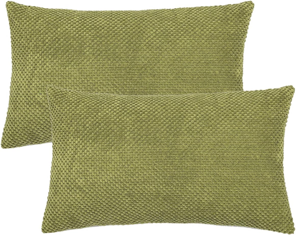 PANDATEX Luxury Chenille Green Throw Pillow Covers Pack of 2 for Sofa Couch Chair, 12"x20" Rectangle Corduroy Dots Home Decorative Pillowcase Solid Cushion Cover for Bedroom Living Room Car