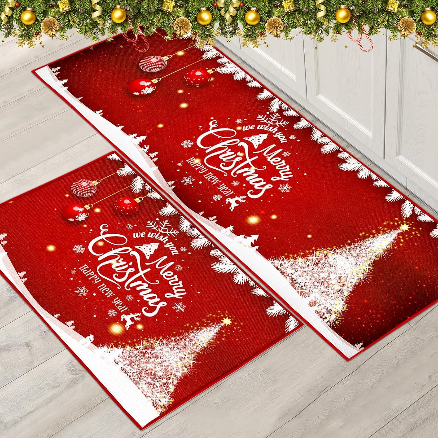PORJDN Christmas Rug Set Christmas Indoor Floor Red Rug, Xmas Door Mat Runner Rug Mat for Kitchen Home Decor Washable Runner. (Style C, 43x150+43x75cm)