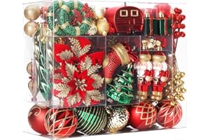 SHareconn 135pcs Christmas Balls Ornaments Set, Shatterproof Plastic Baubles, Ribbon and Tree Topper for Xmas Tree Holiday Wedding Party Decorations with Hanging Strings, Red, Green and Gold