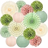 15Pcs Sage Green Party Decorations, Hanging Paper Lanterns Paper Fans Tissue Flower Pom Poms for Women Girls Birthday Wedding Bridal Baby Shower Green and Pink Party Decorations