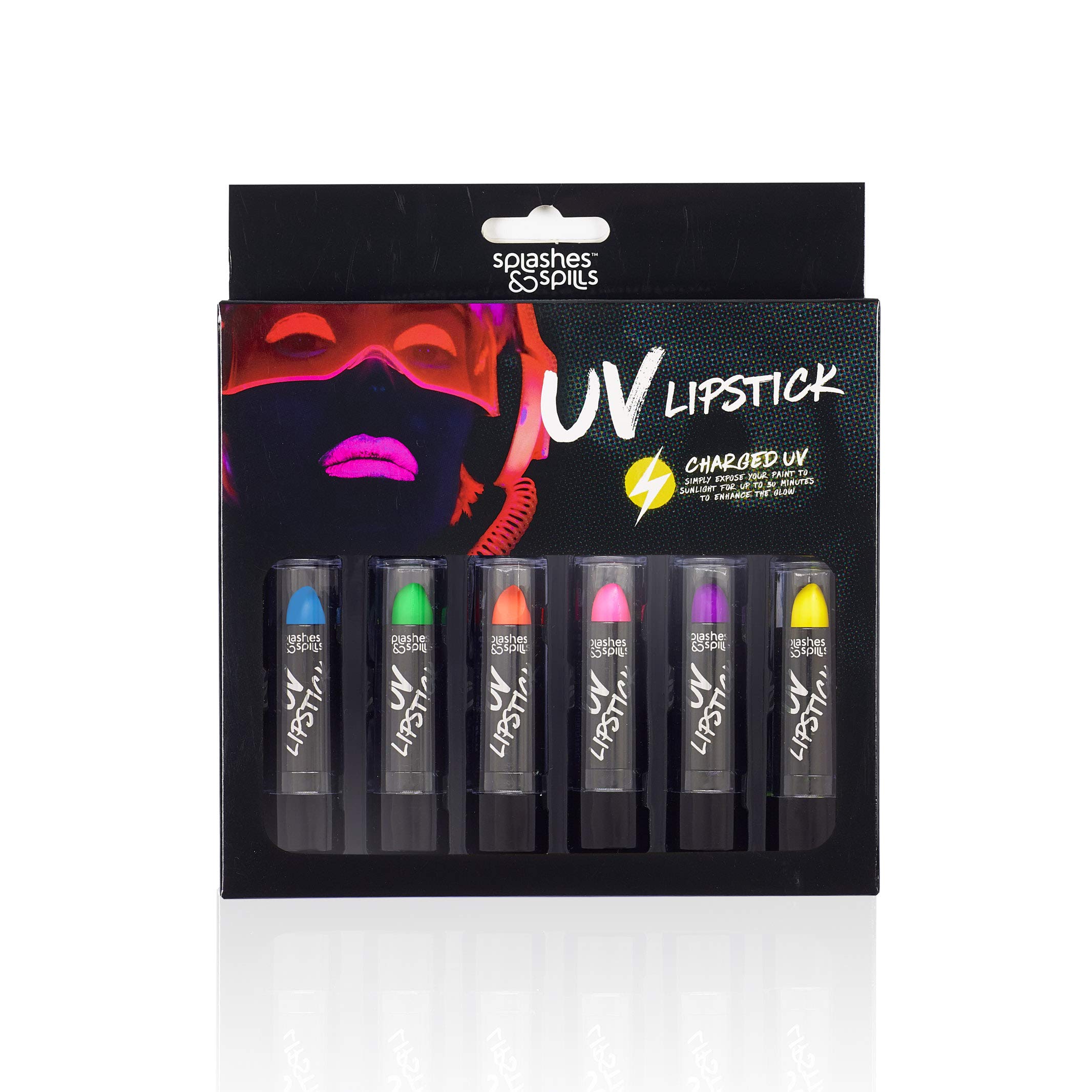 UV Glow Blacklight Lipstick - 6 Colour Variety Pack, 3.7g - Day or Night Stage, Party or Costume Makeup by Splashes & Spills