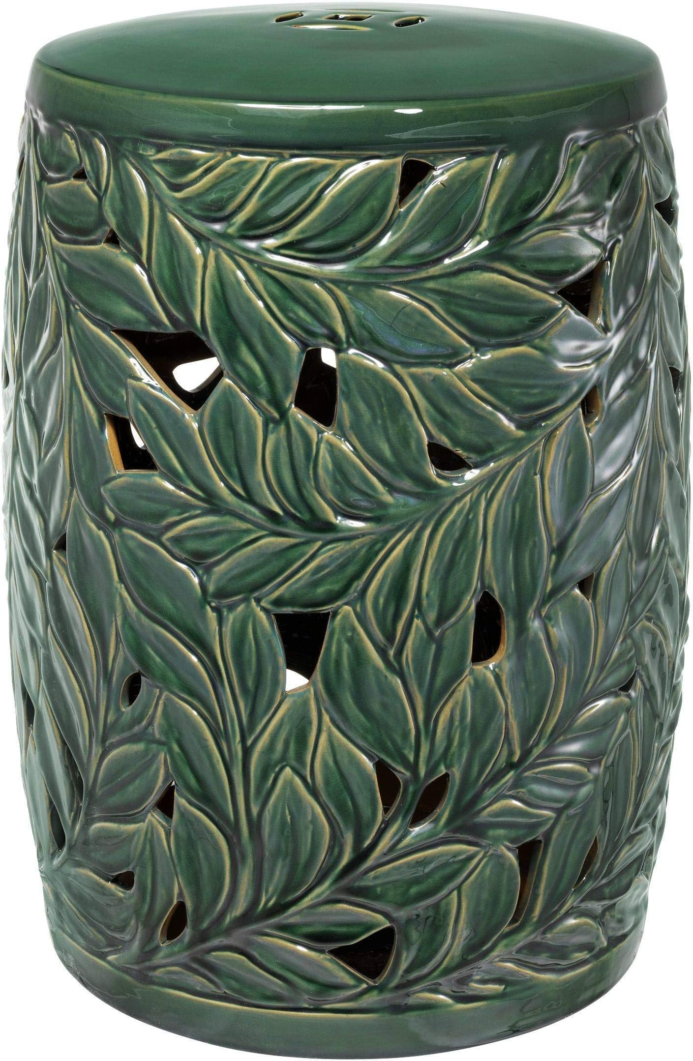 Green Ceramic Drum END Table | EICHHOLTZ Dorian | Round Botanical Style Leaf Detailing Side Table | Luxury Accent Furniture for Living Room