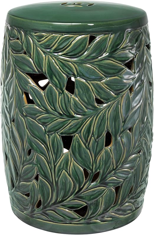 Amazon Com Green Ceramic Drum End Table Eichholtz Dorian Round Botanical Style Leaf Detailing Side Table Luxury Accent Furniture For Living Room Furniture Decor