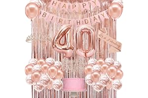 POPULARLDO 40th Birthday Decorations for Women, Rose Gold 40th Birthday Decorations Set with Crown, Sash, Banner, Cake Topper, Fringe Curtains, Balloons – Happy 40th Birthday Party Supplies