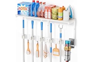 Broom Holder Wall Mount with Cleaning Supplies Organizer, Laundry Room Organization and Storage Shelf with Mop Hanger Rack Gr
