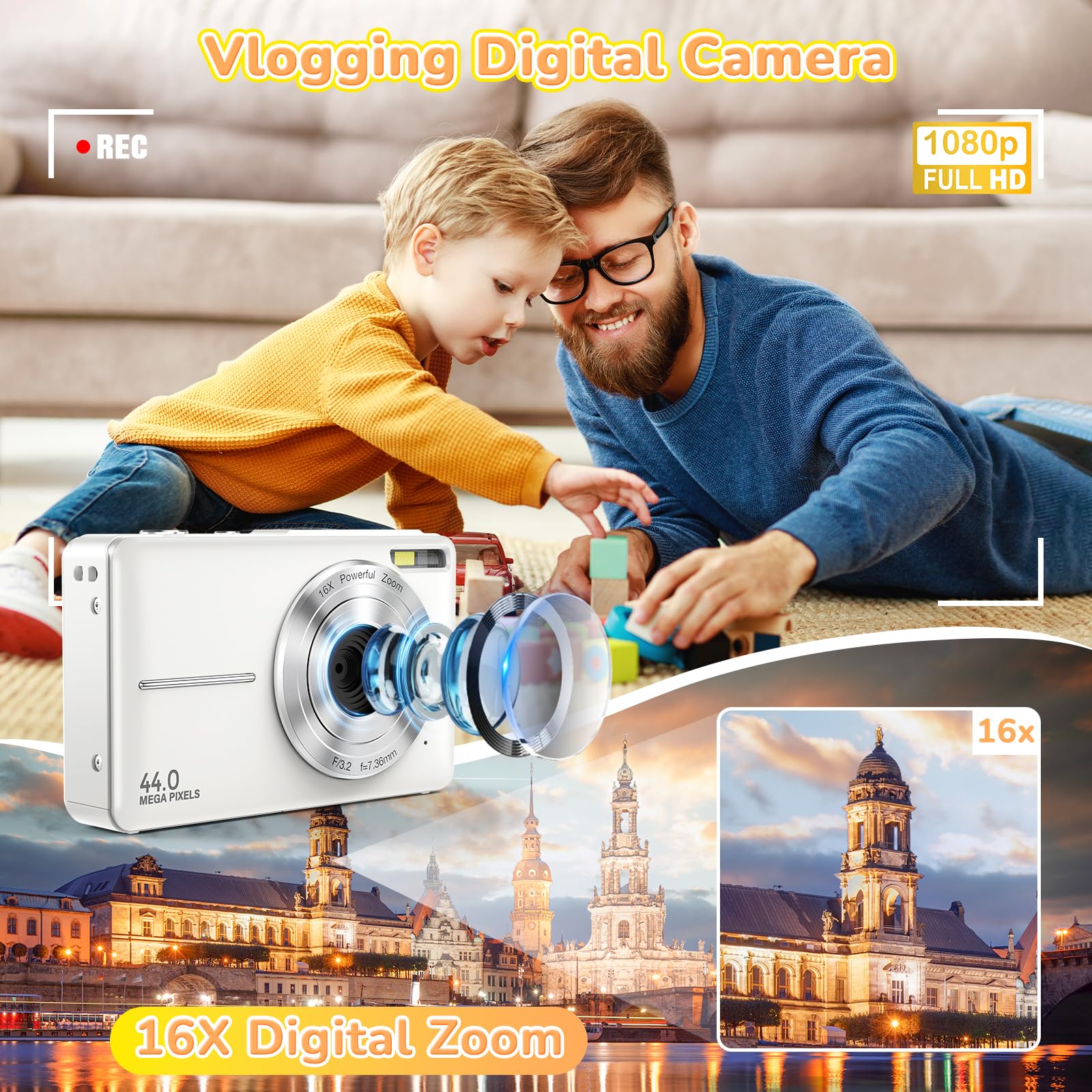 Digital Camera, Jukanur Upgraded Camera for Kids with 32GB Card, 16X Zoom, Point and Shoot Digital Camera with Anti-Shake, Timestamp, Flashlight, Portable Travel Camera for Teens Girls,Boys, White