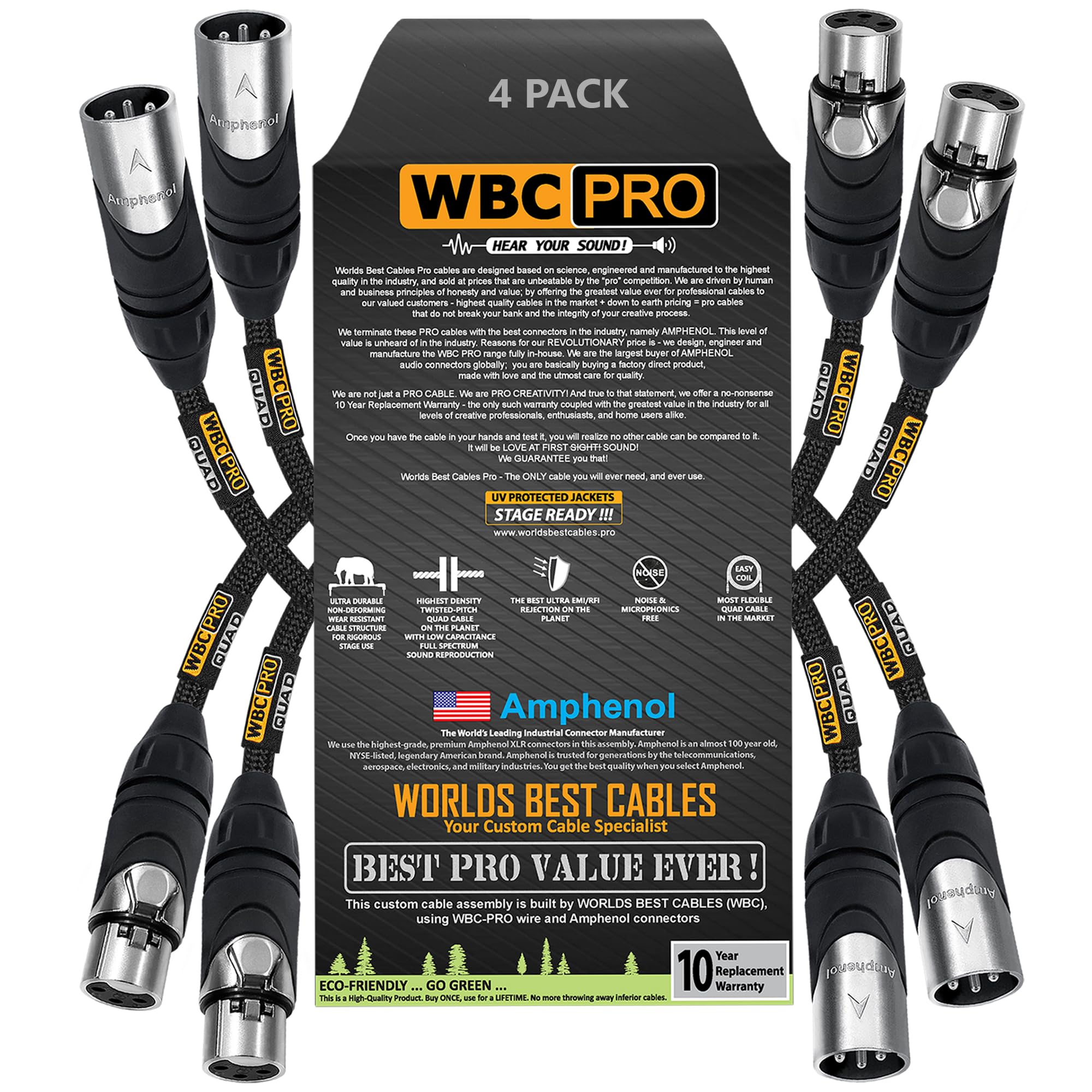 WORLDS BEST CABLES 4 Units - 0.3 Meter - WBC-PRO-QUAD Ultra-Silent Ultra-Flexible Balanced Star-Quad Cable with Amphenol Male & Female XLR Plugs & Black Tweed Jacket