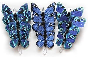 NAUDASSODS 12 Pack Butterfly Decorations, DIY 3D Butterfly Stakes Decor, 2 Sizes of Butterfly Ornament for Home Fake Flower Floral Supplies Tea Party Wedding Easter Christmas Spring Fall. (Dark Blue 01)