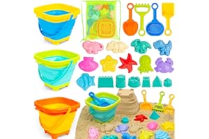 Collapsible Beach Bucket Kids Sandbox Toy 3 PCS Silicone Pail Set with Sand Molds, Shovel, Rake, Mesh Storage Bag for Toddler