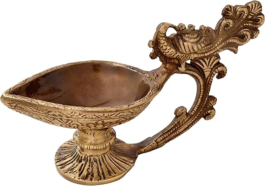 Two Moustaches Brass Handcrafted Pooja Deepak (Brown_6.5 Inch X 2.5 Inch X 3.5 Inch)