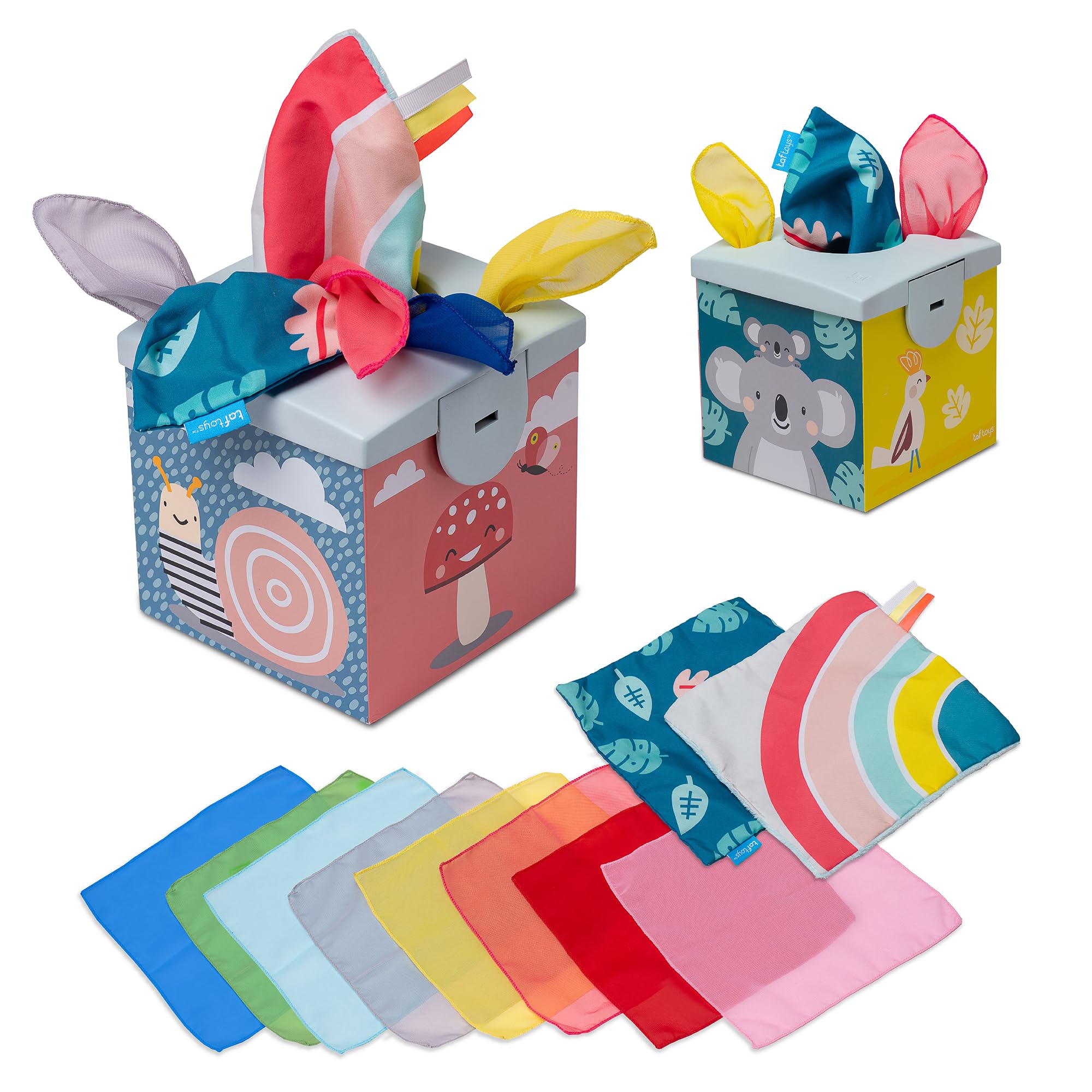 Photo 1 of Taf Toys Sensory Crinkle Tissue Box for Toddlers. STEM Montessori Toy with Colorful Soft Scarves and Crinkling Blankies