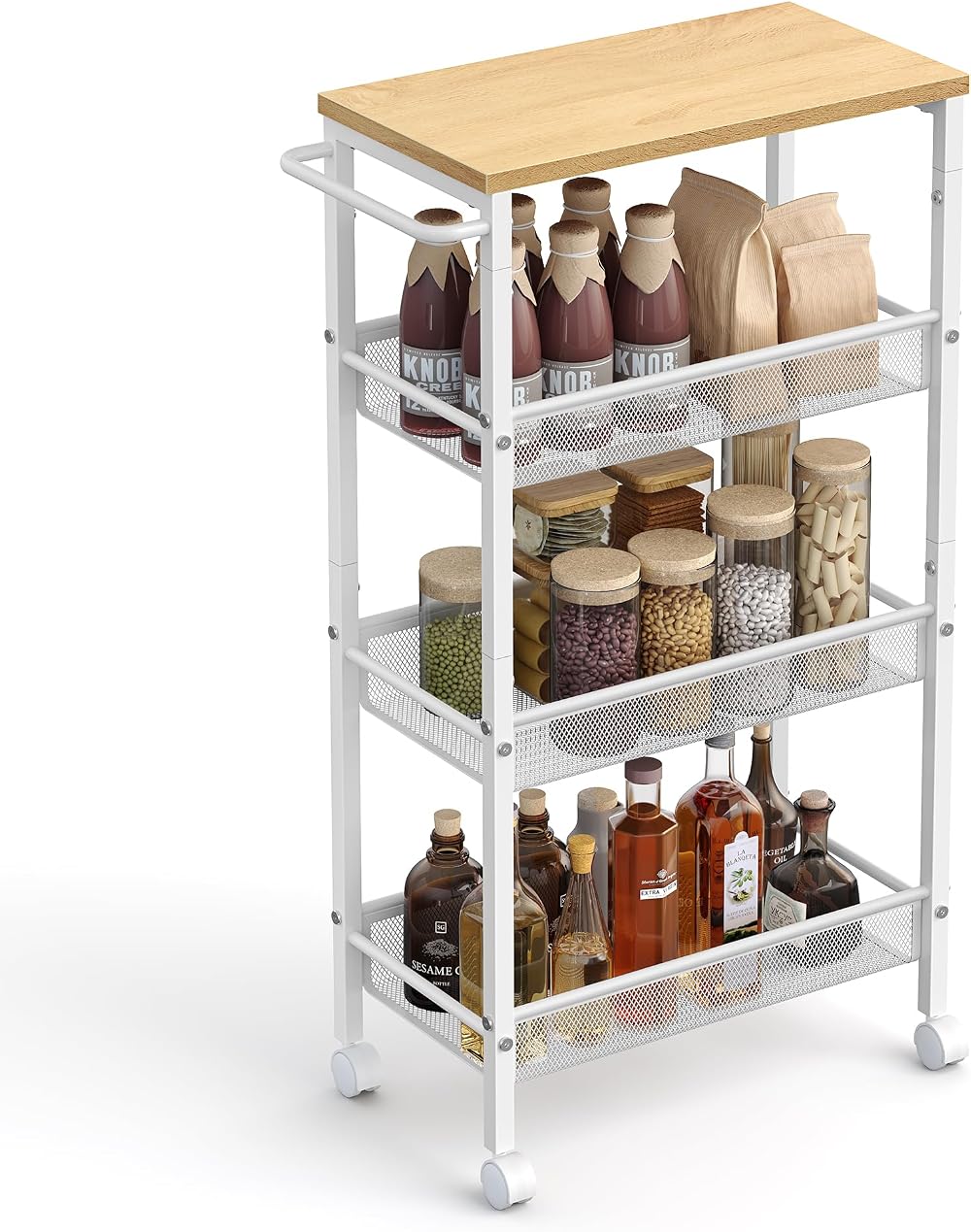 VASAGLE 4-Tier Trolley Space-Saving Kitchen Cart 22 cm Deep Oak Beige White