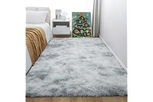 KICHOWUA 4x6 Light Grey Fluffy Shag Area Rug for Bedroom, Ultra Soft Fuzzy Plush Washable Carpet for Living Room, Modern Cozy Non Skid Furry Shaggy Rug for Kids Baby Boys Nursery Dorm,Tie-Dye Gray