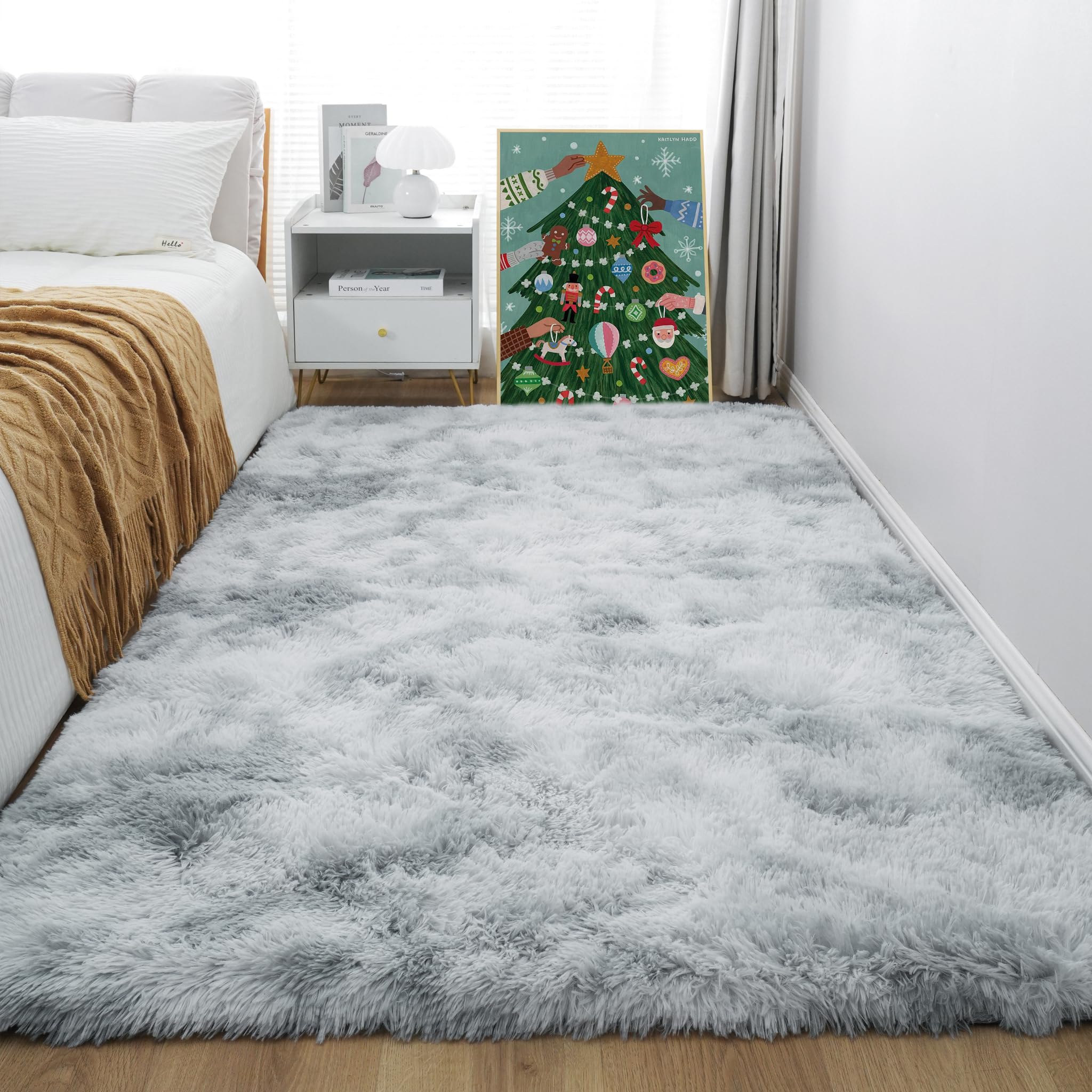 Photo 1 of KICHOWUA 4x6 Light Grey Fluffy Shag Area Rug for Bedroom, Ultra Soft Fuzzy Plush Washable Carpet for Living Room, Modern Cozy Non Skid Furry Shaggy Rug for Kids Baby Boys Nursery Dorm,Tie-Dye Gray