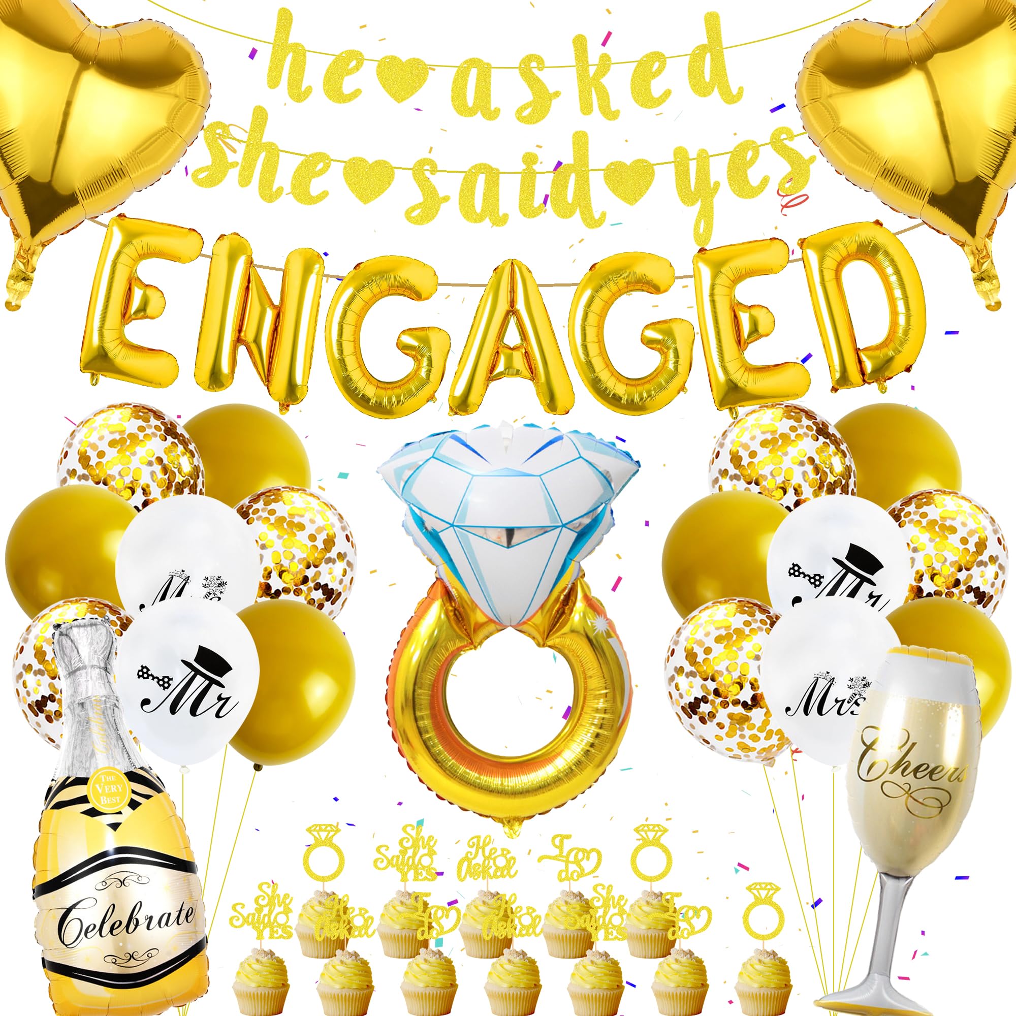FeteDecor Engagement Party Decorations - Gold Balloons, She Said Yes Banner, Ring Balloons, Cupcake Topper, Wedding Party Supplies
