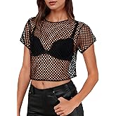 Womens Sheer Mesh Top Fishnet T Shirts Short Sleeve See Through Casual Crop Tops